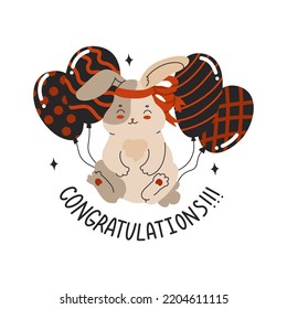 Rabbit with a ribbon on his head surrounded by balloons. Rabbit is the symbol of the Chinese New Year. Christmas or Easter Bunny for greeting cards. Zodiac signs. Vector illustration in cartoon style.