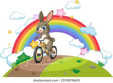 A rabbit rides a bike beneath a colorful rainbow