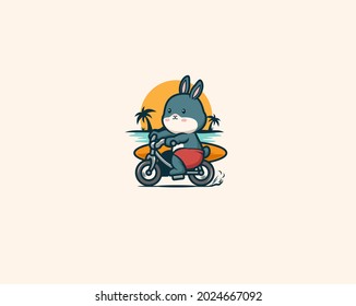 Rabbit rides a bike and brings a surf board