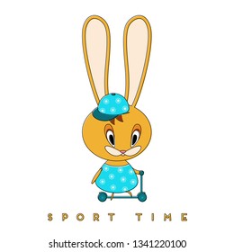 Rabbit rides a scooter. The Easter Bunny is getting better in the spring and is actively resting. Vector illustration.