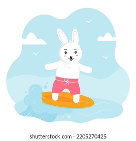 Rabbit rides a surfboard. Summer character. Cute white bunny. Vector illustration for postcard or calendar