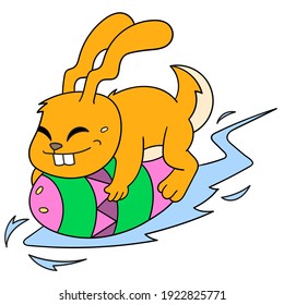 the rabbit riding the easter egg glided happily. vector illustration art, doodle icon image kawaii.