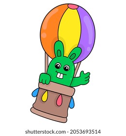 Rabbit riding a hot air balloon flying into the sky, vector illustration art. doodle icon image kawaii.