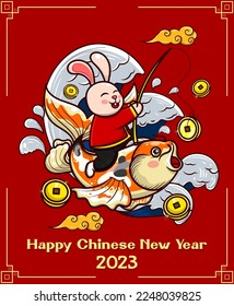 Rabbit riding koi fish with waves background. Vector Illustration for chinese new year.