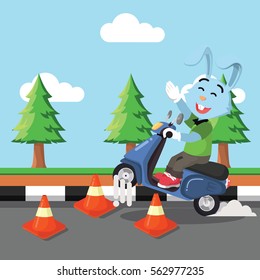 rabbit riding scooter through obstacle