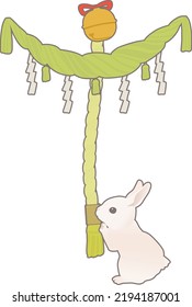 Rabbit ringing a bell in a shrine. (Japanese Shinto Religion )  vector illustration. Recommended for New Year's cards and New year sale illustrations.