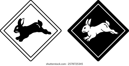 Rabbit Road Signs. Black and White Vector Icons. Hare. Road Sign Warning about Crossing the Road by Animals. Sticker for Zoo