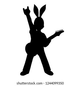 Rabbit is a rock musician. Hare with an electric guitar. Vector isolated black silhouette of punk rock man. Punk is not dead. Soloist of the pop group. Charismatic musician. On a white background