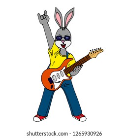 Rabbit is a rock musician. Hare with an electric guitar. Vector isolated punk rock man. Punk is not dead. Soloist of the pop group. Charismatic musician. On a white background.