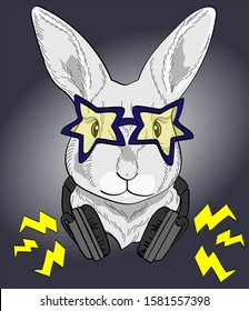 
Rabbit rock star with headphones and glasses. Happy Easter bunny Postcard, poster, composition for t-shirts, print in the style of hand-drawn