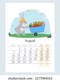 Das Kaninchen rollt eine Kahn mit frischem Gemüse. Hare Farmer in einer Lichtung vor dem Hintergrund des Himmels und der Wolken. Kalender August 2023. Flache Vektorgrafik. EPS10