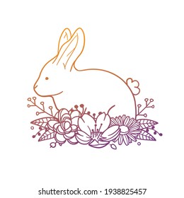 Rabbit Rose Flower with Vintage Animal Design. Farm Floral frame ornament vector style. Decoration Design Wreath illustration.