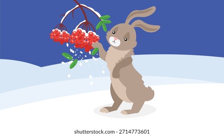 Conejo con baya de serbal en el invierno. Ilustración vectorial