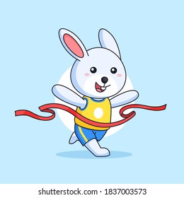 Rabbit run to the finish ribbon line marathon animal sport character mascot vector outline illustration cartoon design