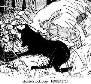 Das Kaninchen, das hinter dem Wolf, der Vintage-Linienzeichnung oder Gragradgrafik läuft