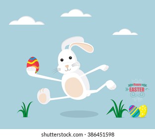 Rabbit Running with Easter Egg in Hand, Happy Easter Vector Illustration