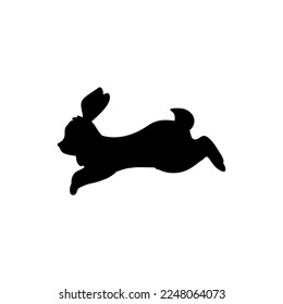 Conejo corriendo y saltando, silueta negra, ilustración vectorial plana aislada en fondo blanco. Sombra del salto de conejo. Dibujo animal.