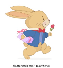 Rabbit running with Valentines Day gifts