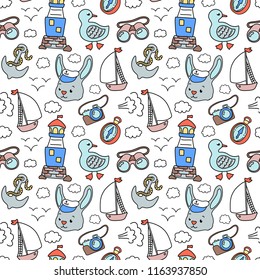 Rabbit sailor and lighhouse, nautical pattern. Vector seamless pattern on white background. Marine vacation travel seamless pattern tile. Tropical island holiday cruise. Cartoon style freehand doodle