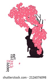 Rabbit and sakura branch. A flowering tree and a bunny, a symbol of the new year according to the eastern calendar. Vector illustration, vertical poster with New Year greeting.