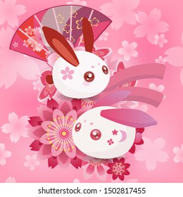 Rabbit and sakura Japanese fringed fan pink seamless background, cute red ears bunny, vector file