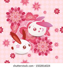 Rabbit and sakura pink seamless background, cute red ears bunny, vector file