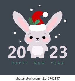 Rabbit and Santa Claus hat. 2023 New Year. Chinese New Year Rabbit Symbol. Winter Holiday design for calendar. Christmas Rabbit and 2023. Cute Rabbit for holiday greeting card
