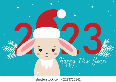 Rabbit in Santa Claus hat. Chinese year symbol 2023. Rabbit Chinese new year symbol vector illustration. Happy new year. 2023 calendar	
