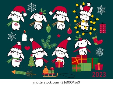 Rabbit with Santa Claus hat, gift boxes, Christmas tree, sweets. Holiday New Year, Christmas set, collections with rabbits (symbol of 2023)