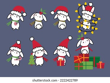 Rabbit with Santa Claus hat, gift boxes, Christmas tree, sweets. Holiday New Year, Christmas set, collections with rabbits (symbol of 2023)