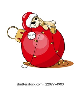 A rabbit in a Santa hat is lying on a Christmas ball. Print for postcards, posters, invitations.