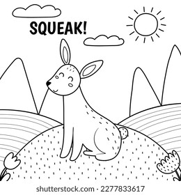 Rabbit saying squeak black and white print. Cute farm character on a green pasture making a sound. Funny coloring page with animal in cartoon style for kids. Vector illustration