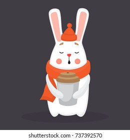 rabbit  in  scarf and hat drrinking coffee. Vector illustration. 