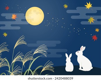 Rabbit and scenery looking at the full moon on the 15th night