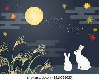 Rabbit and scenery looking at the full moon on the 15th night