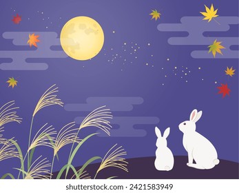 Rabbit and scenery looking at the full moon on the 15th night