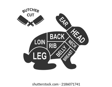 Rabbit scheme cuts. Butcher diagram poster. Meat diagram scheme illustration. Cuts of rabbit meat. Farm animal silhouette.
