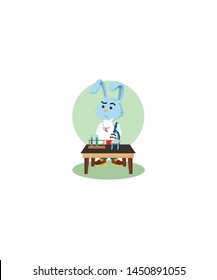 Rabbit Scientist Infront Table Isolated White