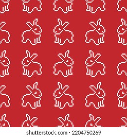 Conejo sin costura. Pixel arte. Patrón vector. Blanco y rojo