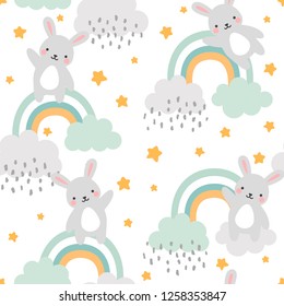 Rabbit Seamless Pattern Background, Happy cute bunny flying in the sky between clouds and star, Cartoon Rabbit Vector illustration for kids forest background with rain dots