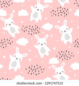 Rabbit Seamless Pattern Background, Happy cute bunny flying in the sky between clouds and star, Cartoon Rabbit Vector illustration for kids forest background with rain dots