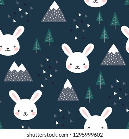 Rabbit Seamless Pattern Background, Scandinavian Happy cute bunny in the forest between mountain tree and cloud, Cartoon bunny easter vector illustration for kids nordic background with triangle dots