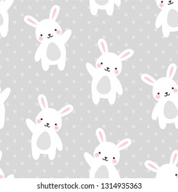 Rabbit Seamless Pattern Background, Scandinavian Happy bunny raccoon with dot for baby. cartoon rabbit bears vector illustration for kids nordic background