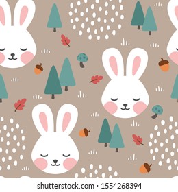 Rabbit seamless pattern background, Sleepy cute bunny in the woodland forest, Vector illustration