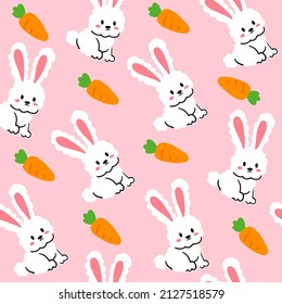 Rabbit seamless pattern background vector illustration. Cute white rabbits with carrots on pink background.