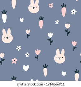 Rabbit seamless pattern. Cute character with wildflowers and carrot. Baby cartoon vector in simple hand-drawn Scandinavian style. Nursery illustration on a pastel palette