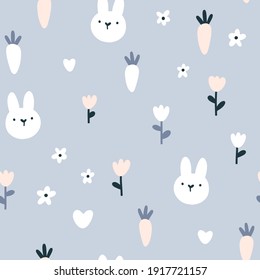 Rabbit seamless pattern. Cute character with wildflowers and carrot. Baby cartoon vector in simple hand-drawn Scandinavian style. Nursery illustration on a pastel palette
