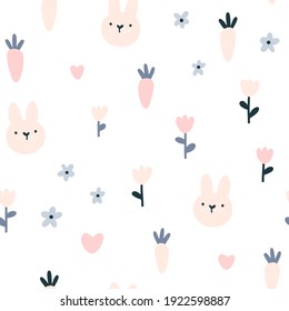 Rabbit seamless pattern. Cute character with wildflowers and carrot. Baby cartoon vector in simple hand-drawn Scandinavian style. Nursery illustration on a pastel palette