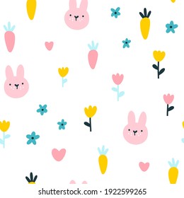 Rabbit seamless pattern. Cute character with wildflowers and carrot. Baby cartoon vector in simple hand-drawn Scandinavian style. Nursery illustration on white background