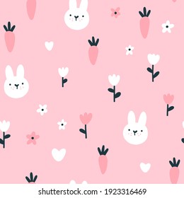 Rabbit seamless pattern. Cute character with wildflowers and carrot. Baby cartoon vector in simple hand-drawn Scandinavian style. Nursery illustration on pink background